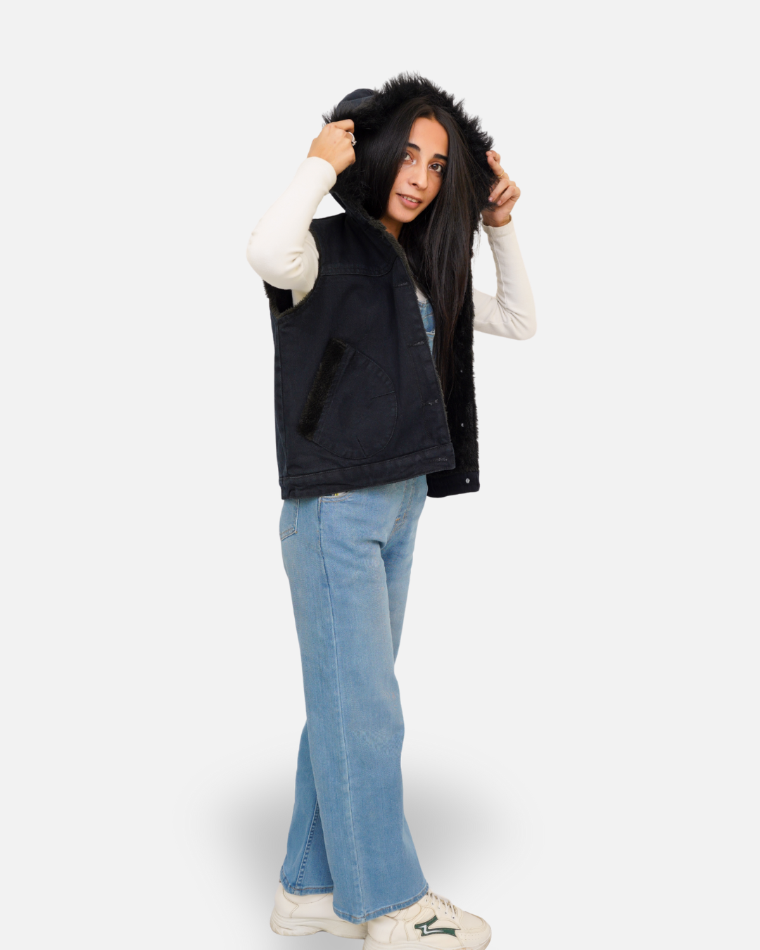 Black Denim Sleeveless Jacket with Contrast Fur Hood