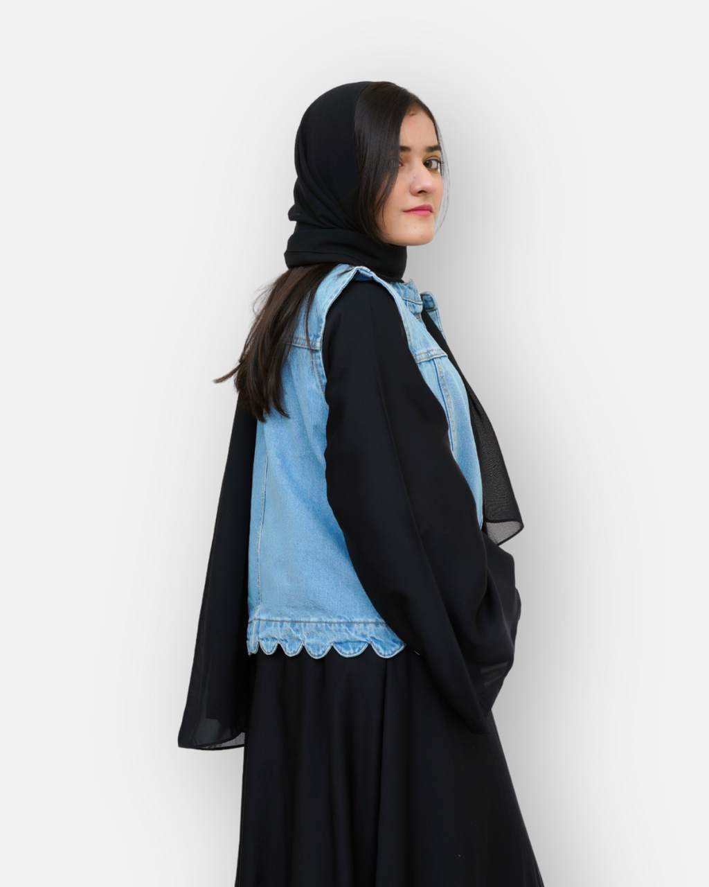 Ruffle Trim Denim Sleeveless Jacket Light Blue