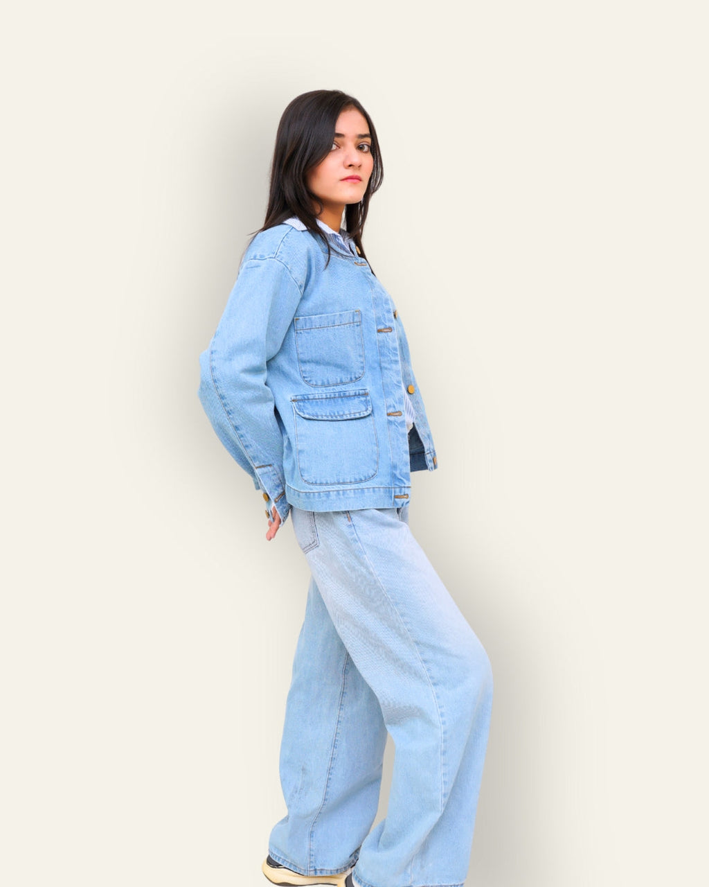Collarless Light Wash Denim Chore Jacket