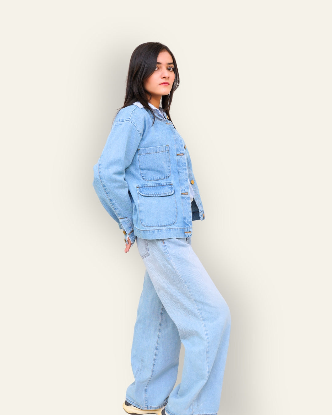Collarless Light Wash Denim Chore Jacket
