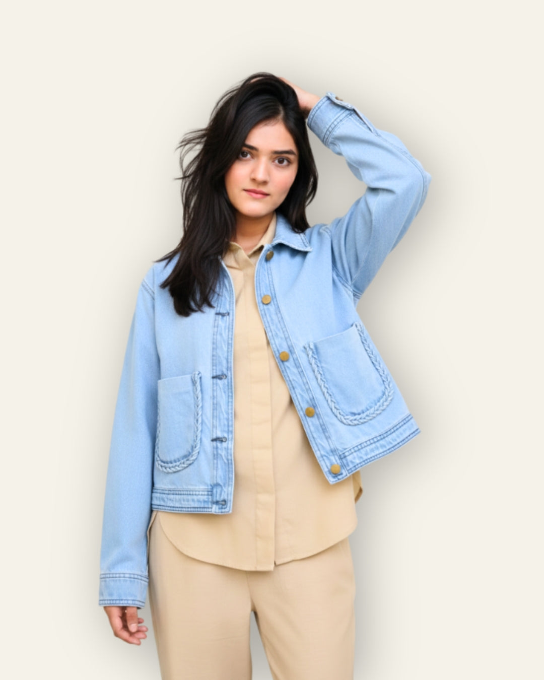 Braided Detail Light Blue Denim Jacket