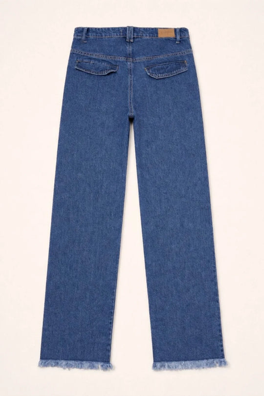 Women's Mid Blue Wide-Leg Jean with Frayed Hems and Pockets