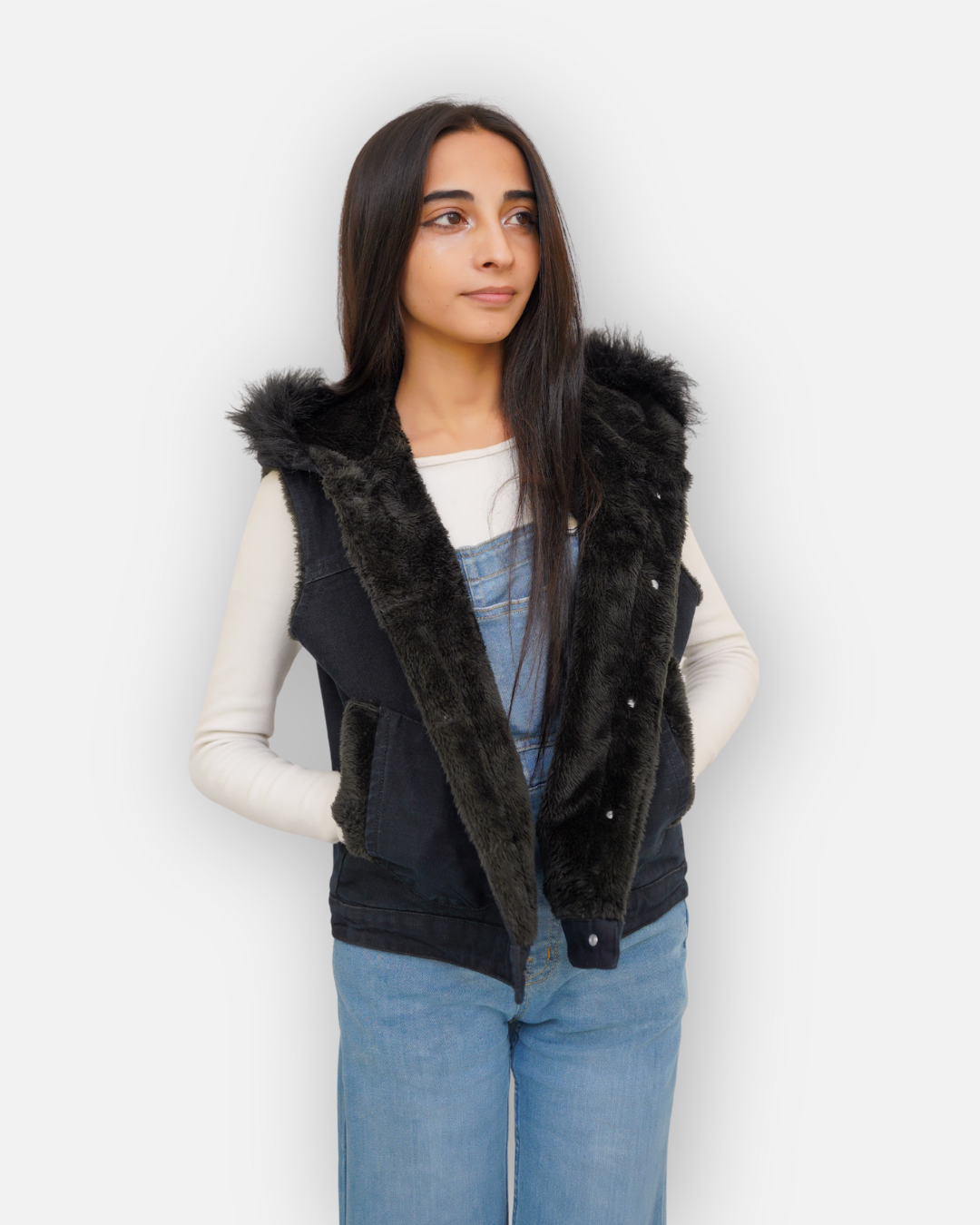 Black Denim Sleeveless Jacket with Contrast Fur Hood