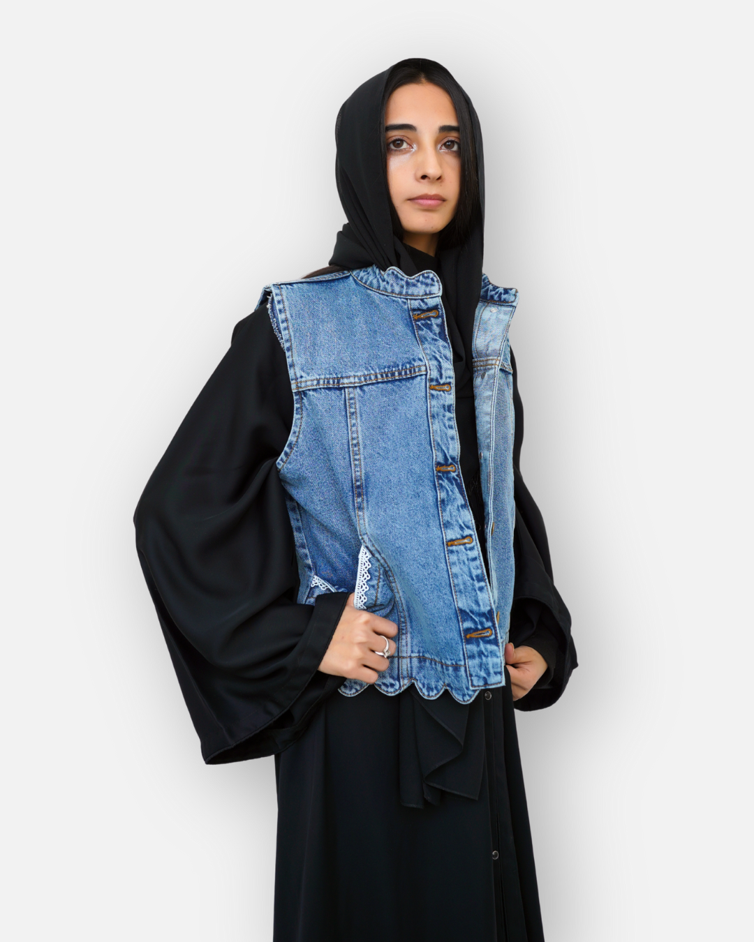 Ruffle Trim Denim Sleeveless Jacket Mid Acid Blue