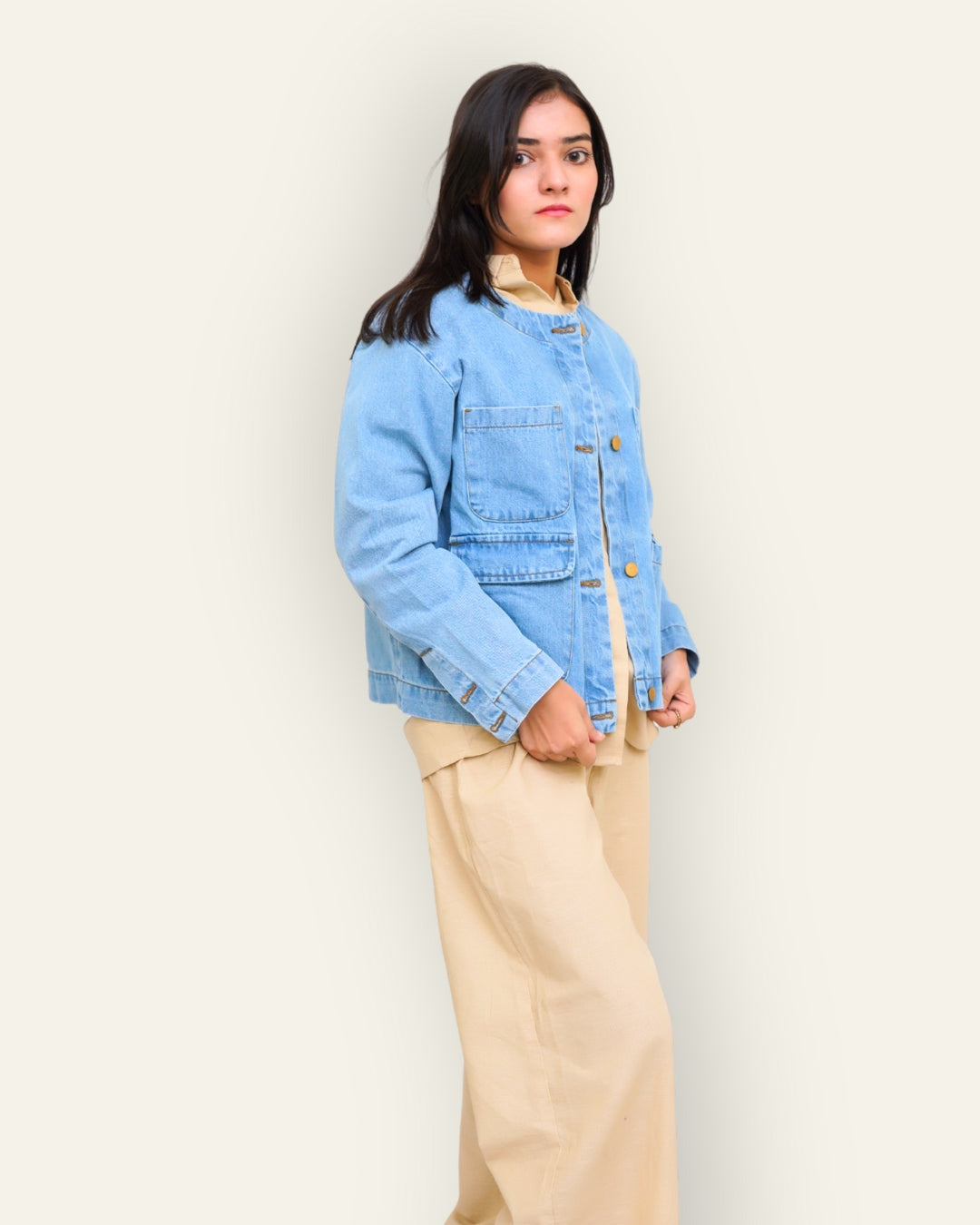 Collarless Light Wash Denim Chore Jacket