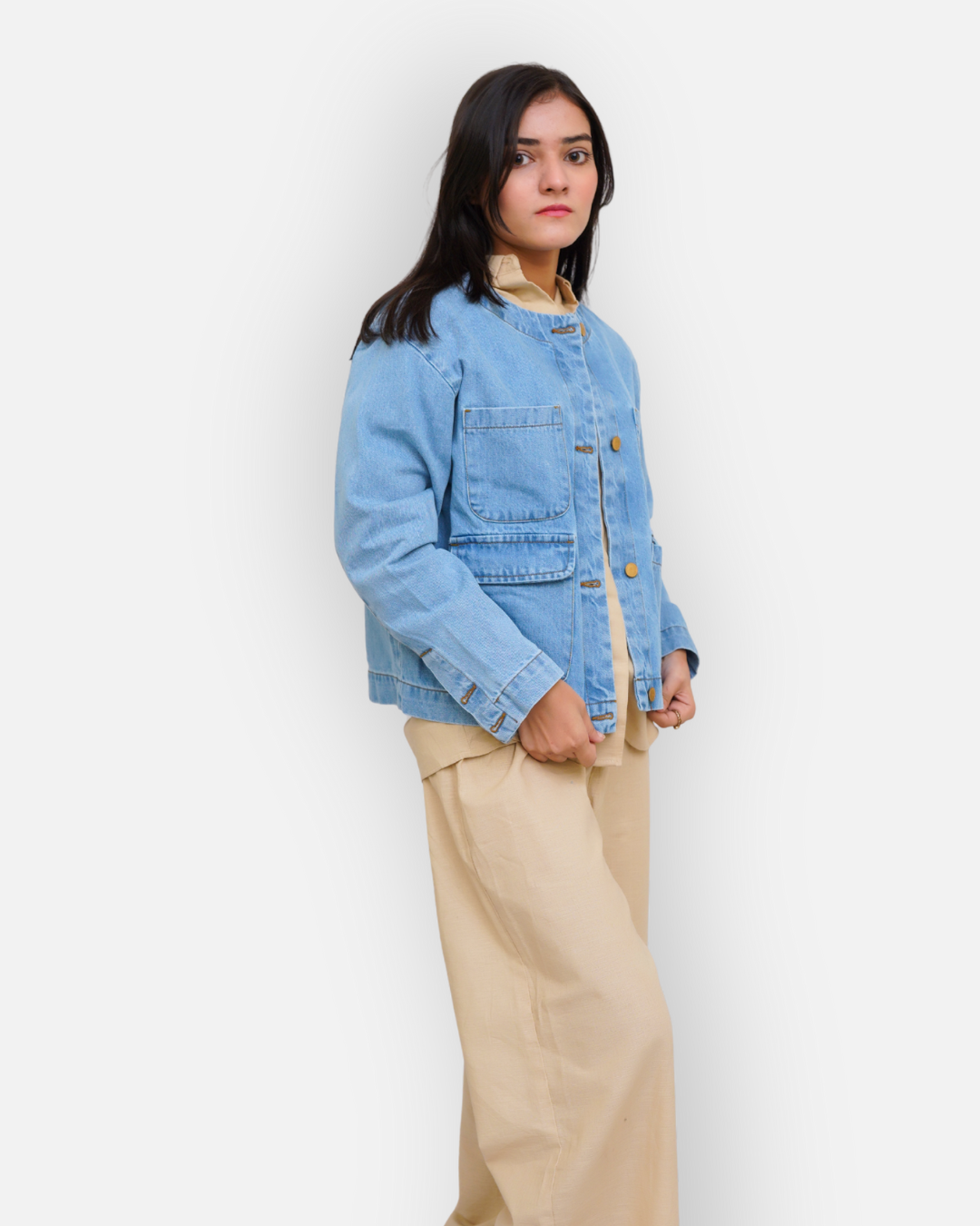 Collarless Light Wash Denim Chore Jacket