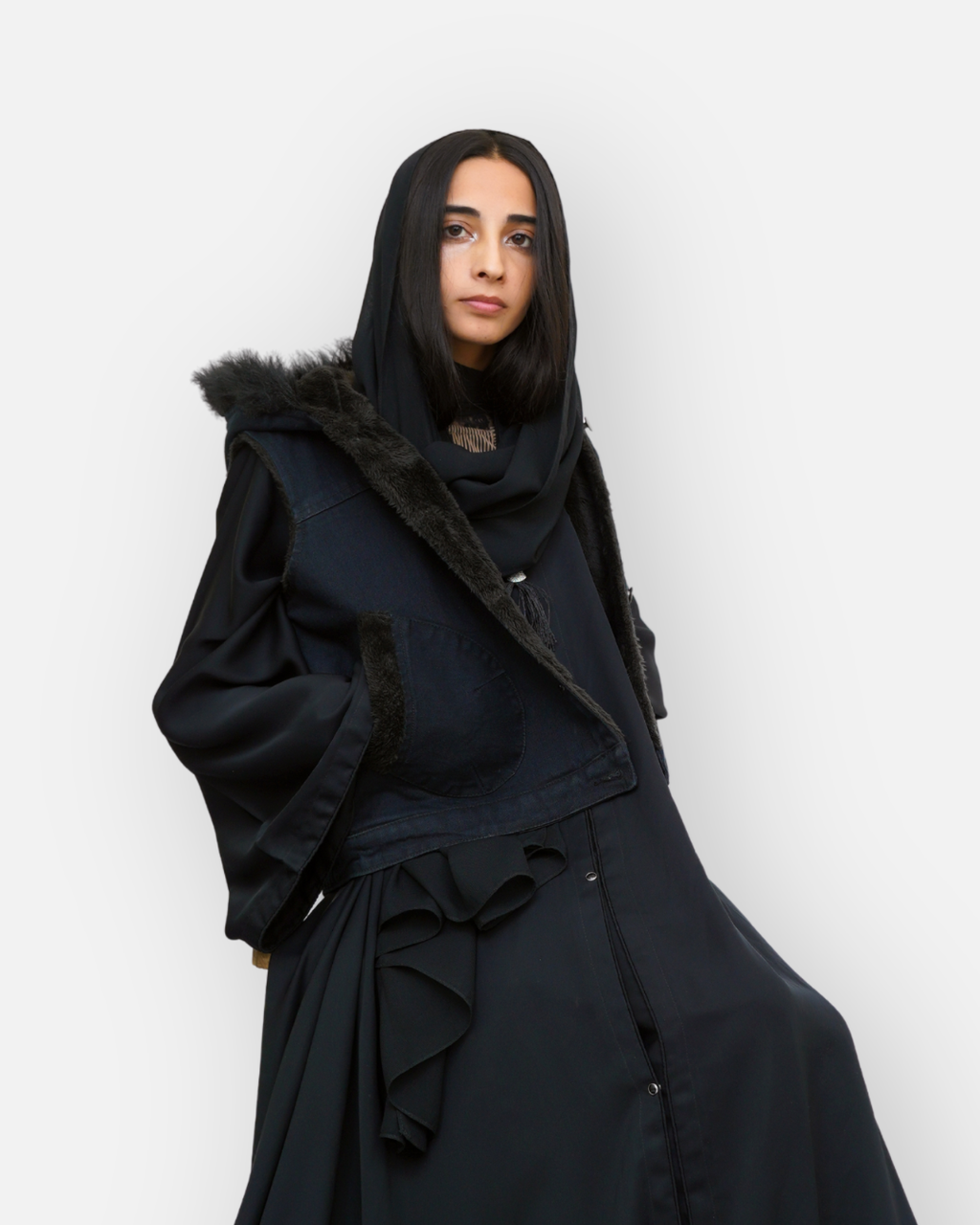 Black Denim Sleeveless Jacket with Contrast Fur Hood