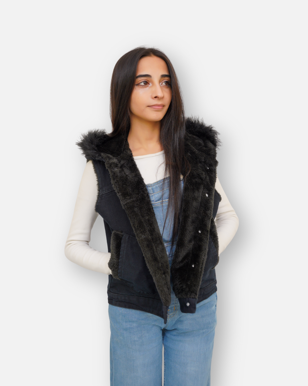 Black Denim Sleeveless Jacket with Contrast Fur Hood