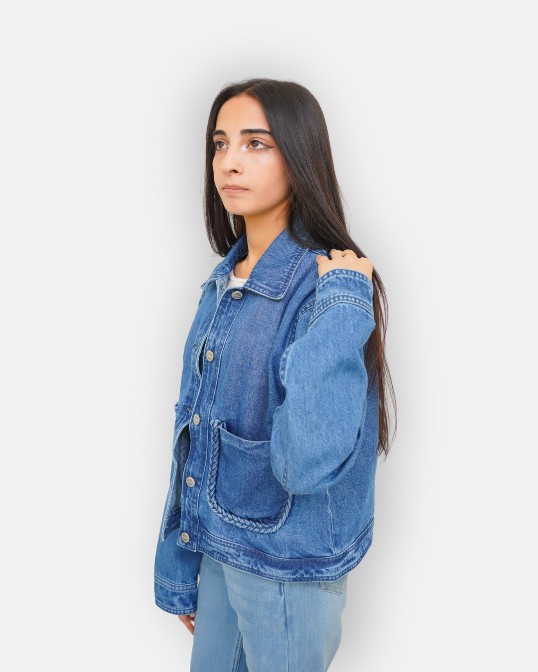 Braided Detail Mid Blue Denim Jacket