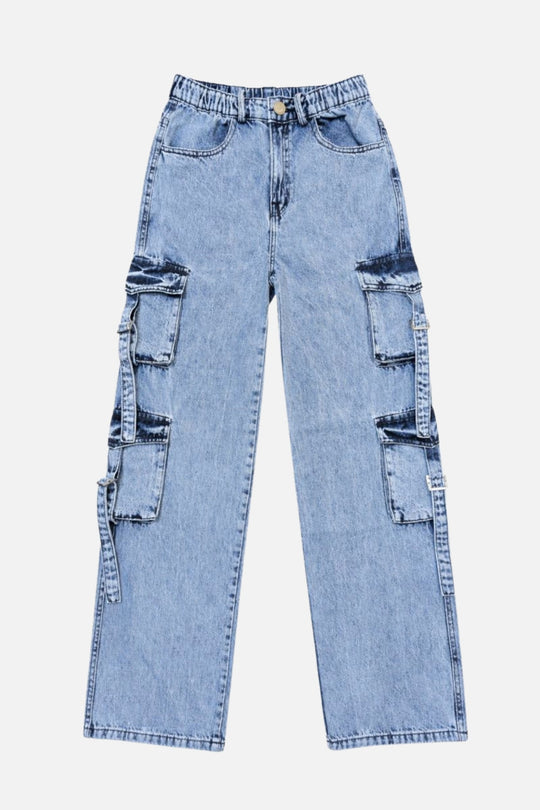 8 Pockets Mid Acid Blue Baggy Cargo Jean