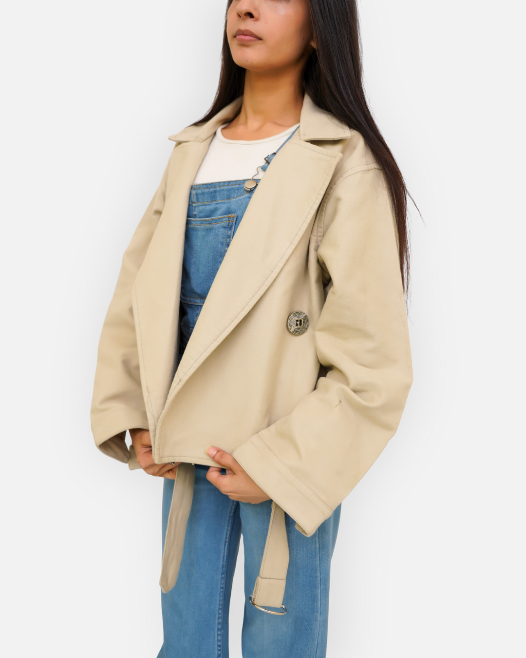 Chic Beige Cotton Double-Breasted Crop Jacket