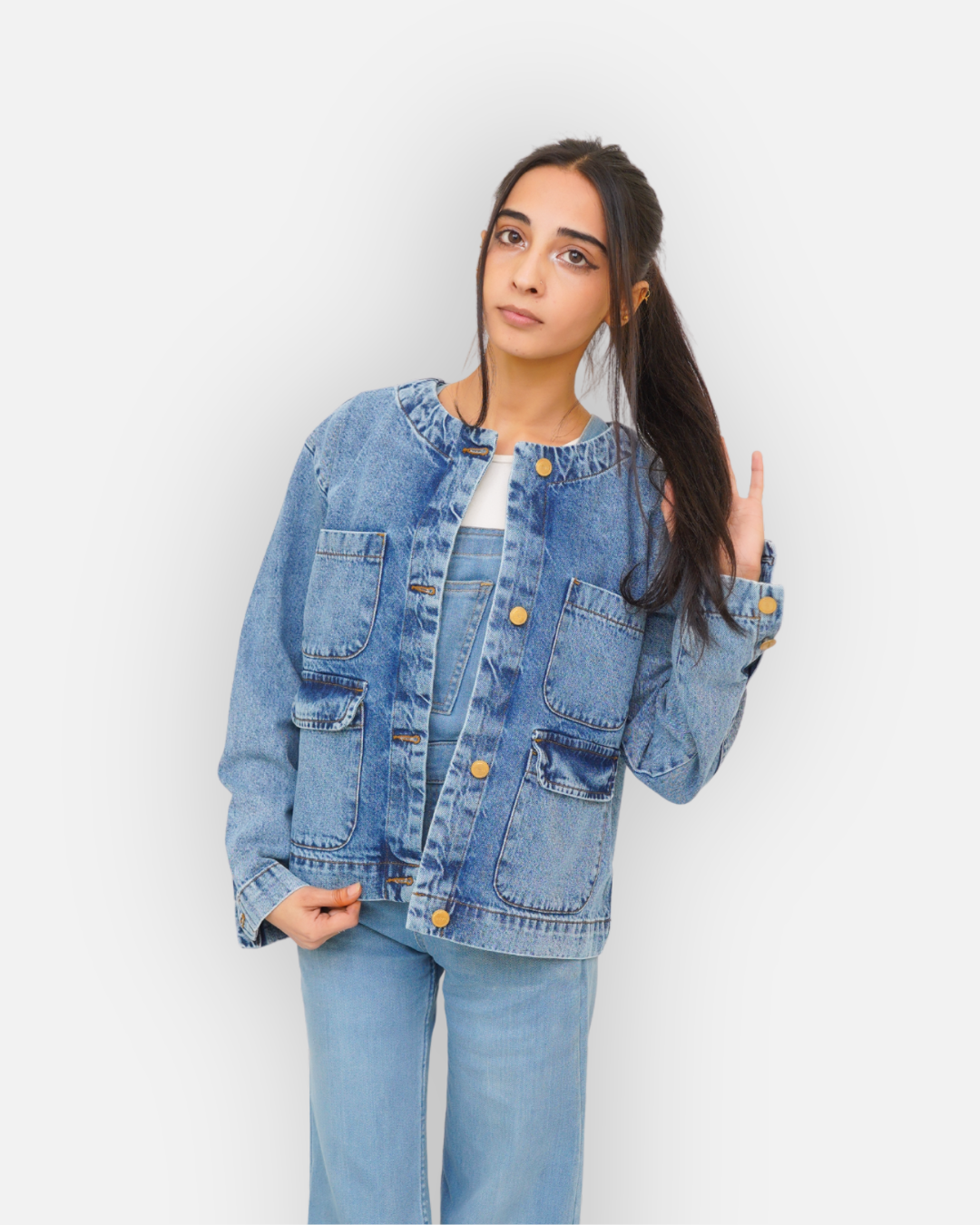 Collarless Mid Wash Denim Chore Jacket