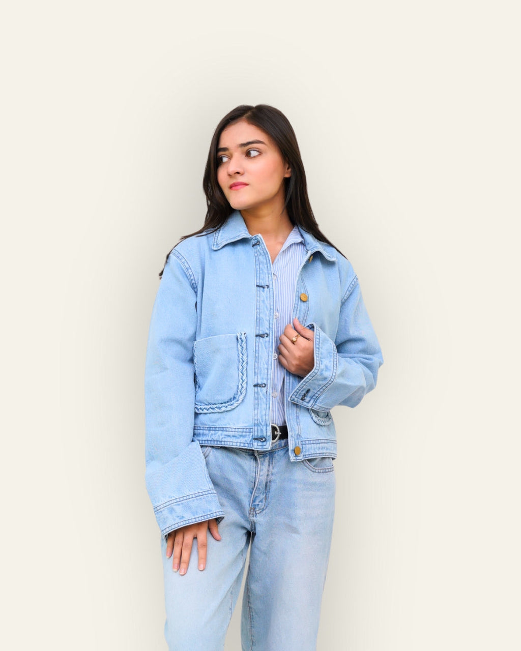 Braided Detail Light Blue Denim Jacket