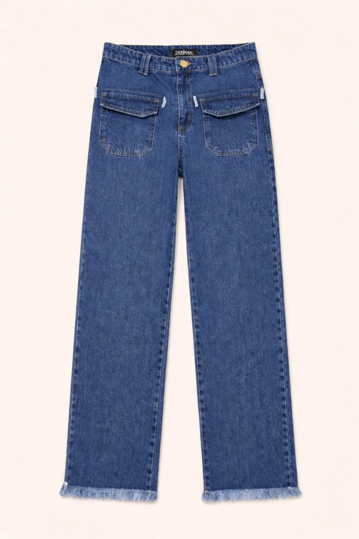 Women's Mid Blue Wide-Leg Jean with Frayed Hems and Pockets