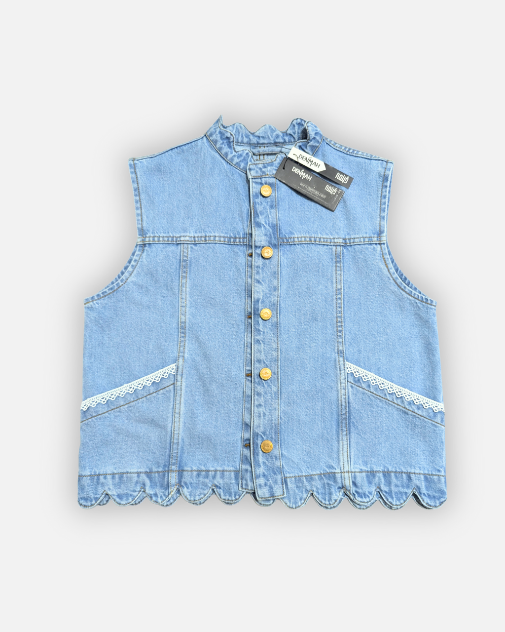 Ruffle Trim Denim Sleeveless Jacket Light Blue