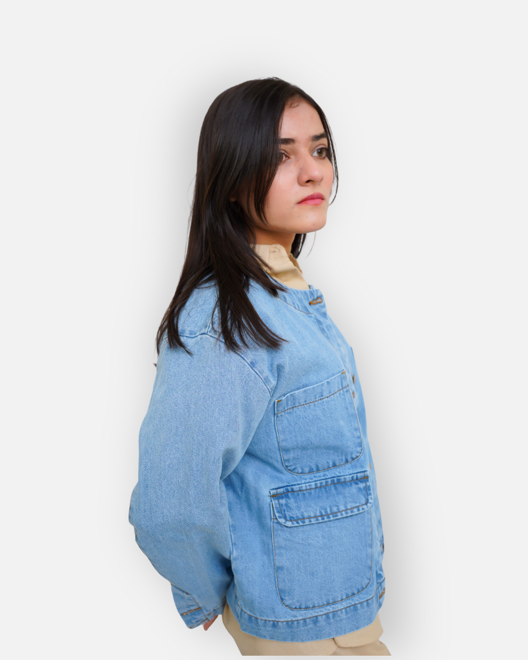 Collarless Light Wash Denim Chore Jacket