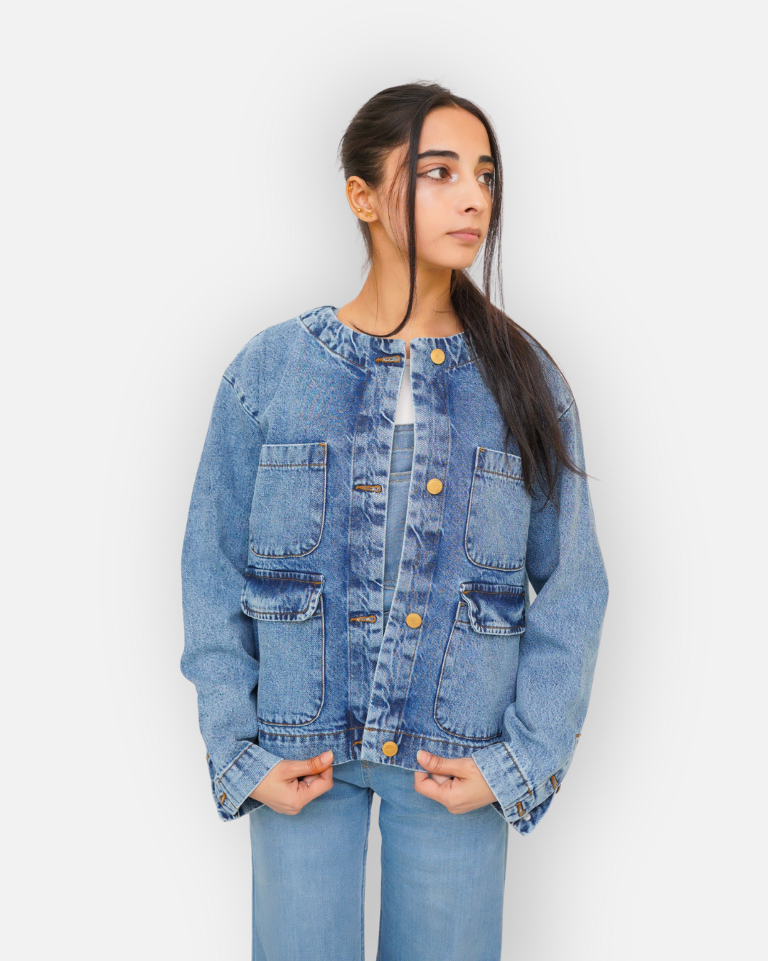 Collarless Mid Wash Denim Chore Jacket