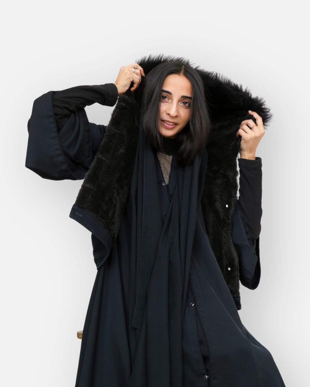 Black Denim Sleeveless Jacket with Contrast Fur Hood