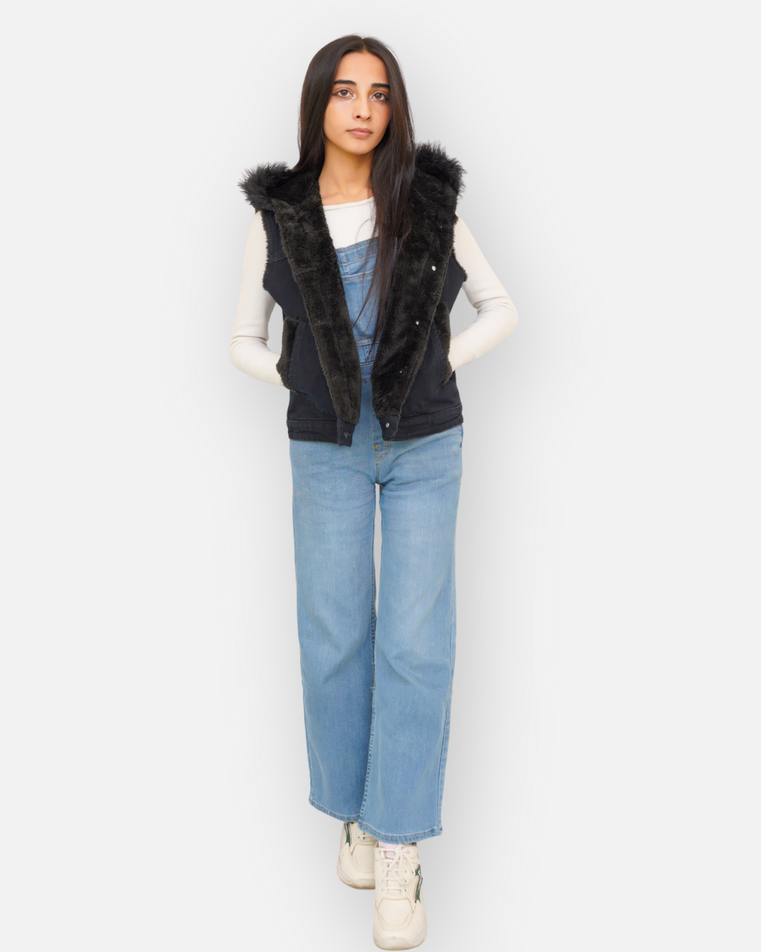 Black Denim Sleeveless Jacket with Contrast Fur Hood