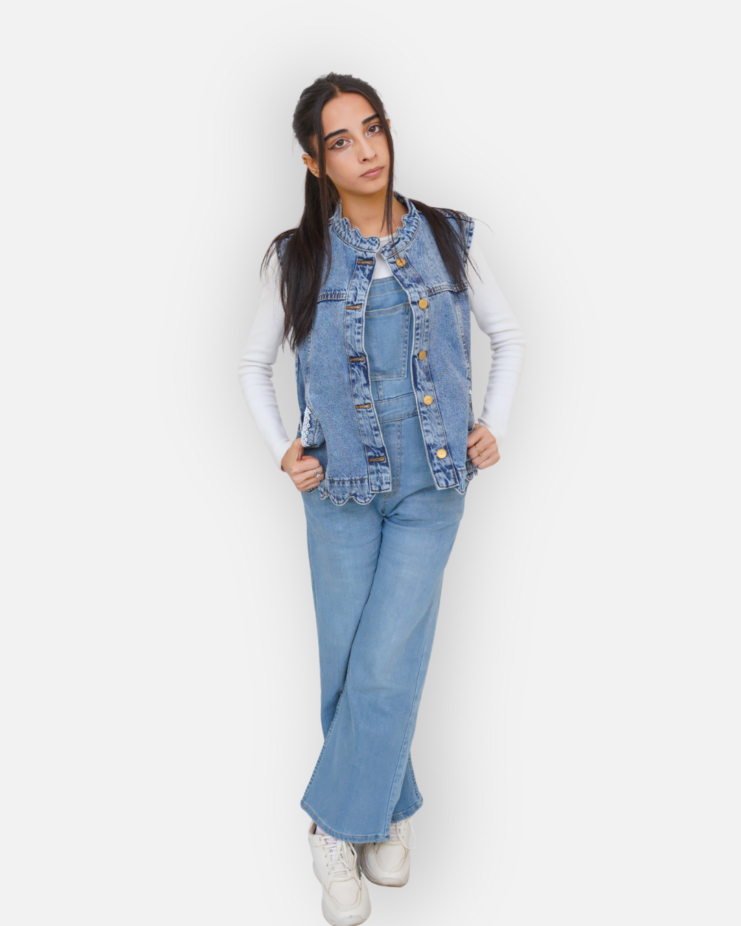Ruffle Trim Denim Sleeveless Jacket Mid Acid Blue