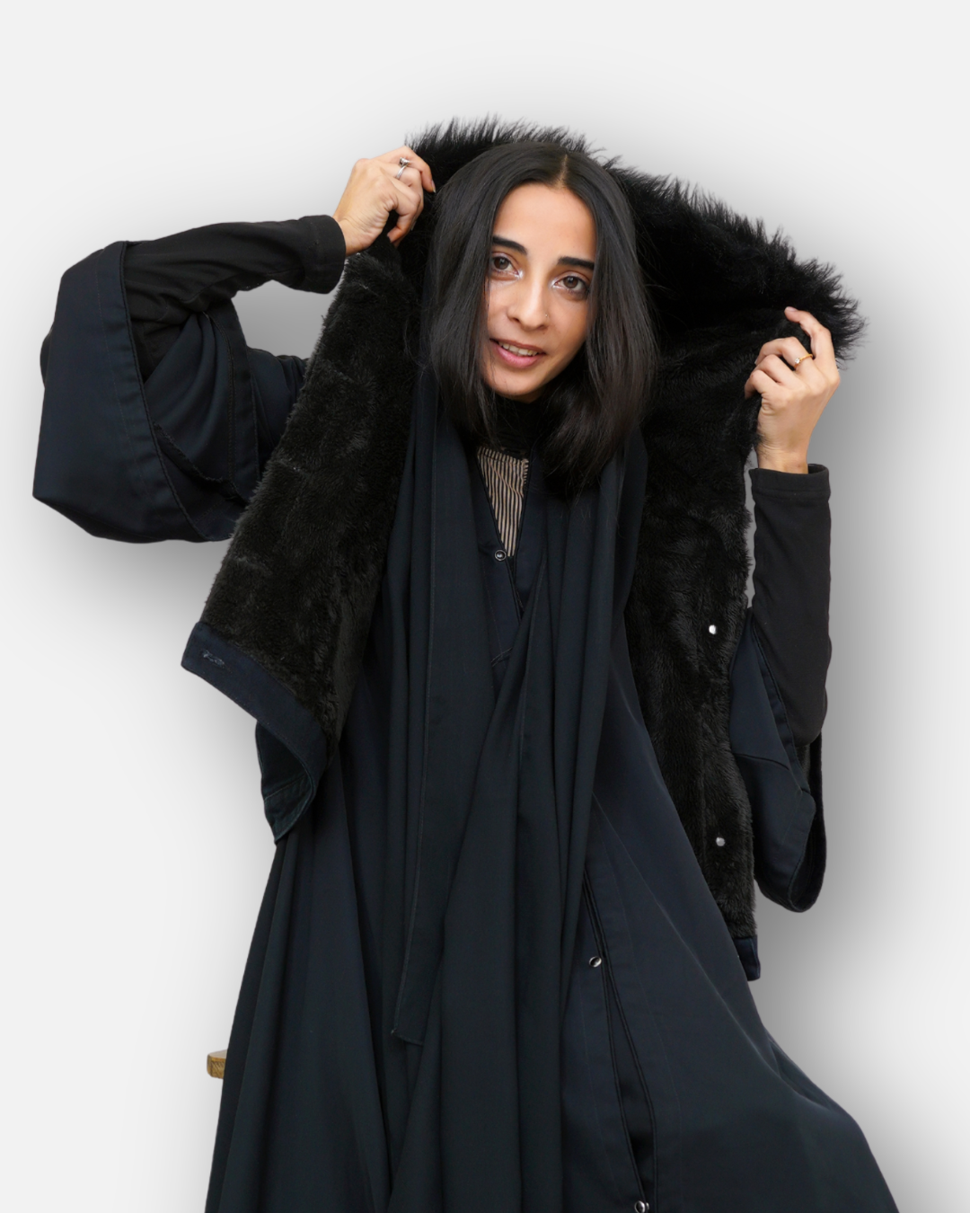Black Denim Sleeveless Jacket with Contrast Fur Hood