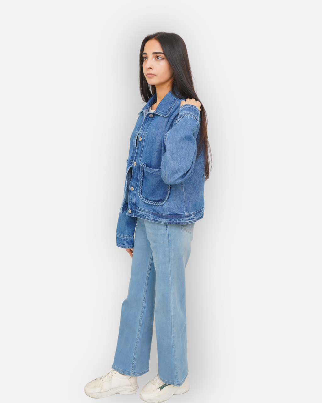 Braided Detail Mid Blue Denim Jacket