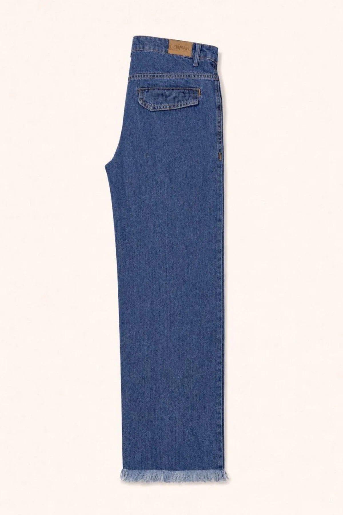 Women's Mid Blue Wide-Leg Jean with Frayed Hems and Pockets