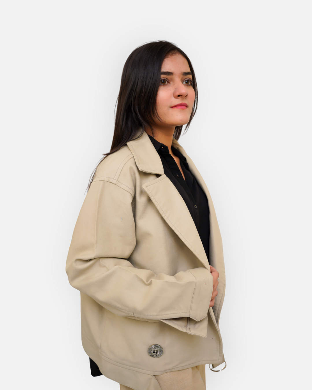 Chic Beige Cotton Double-Breasted Crop Jacket
