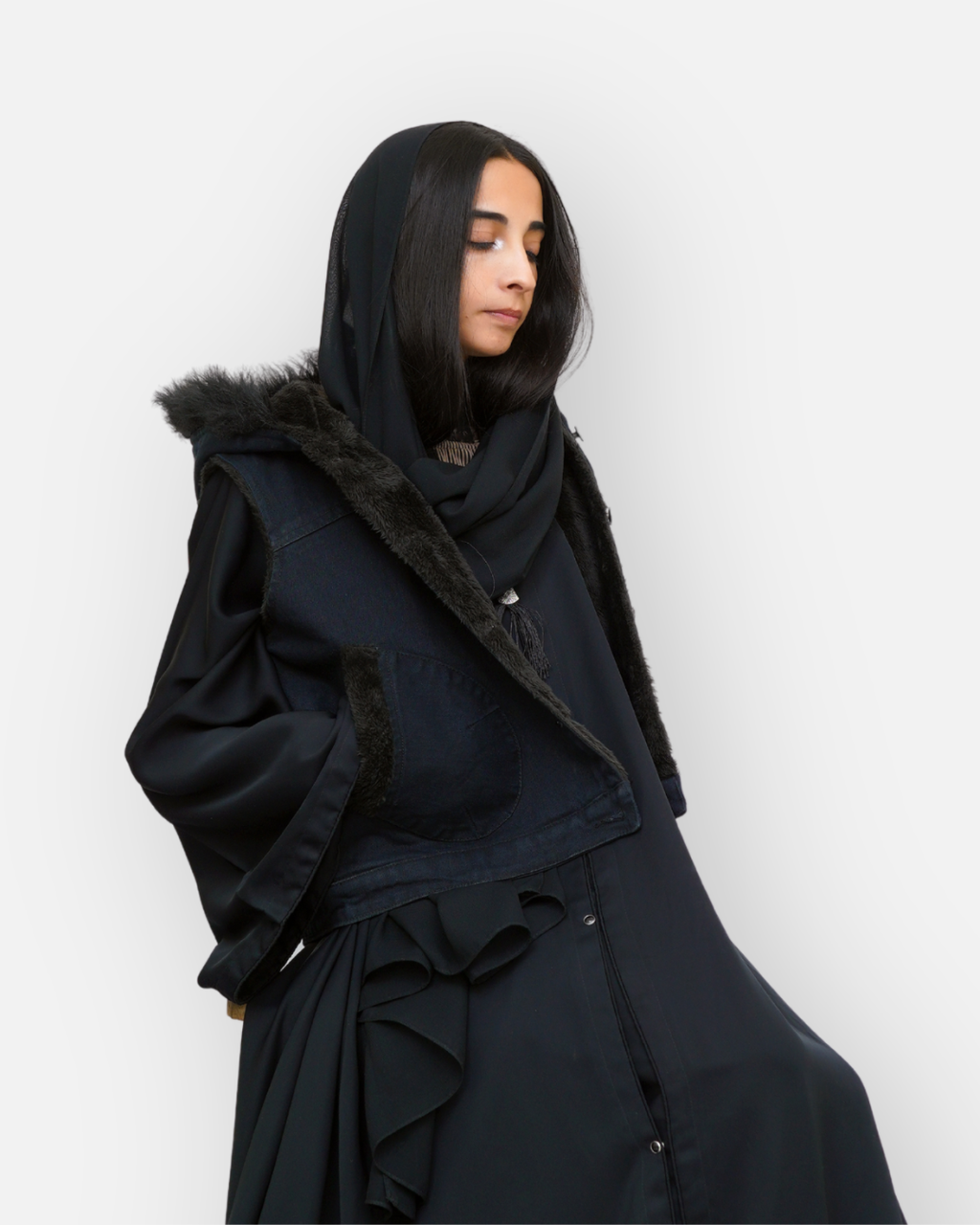 Black Denim Sleeveless Jacket with Contrast Fur Hood