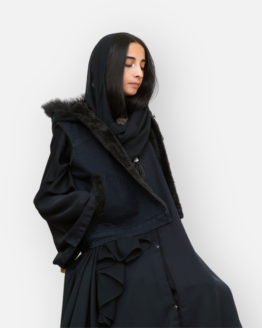 Black Denim Sleeveless Jacket with Contrast Fur Hood