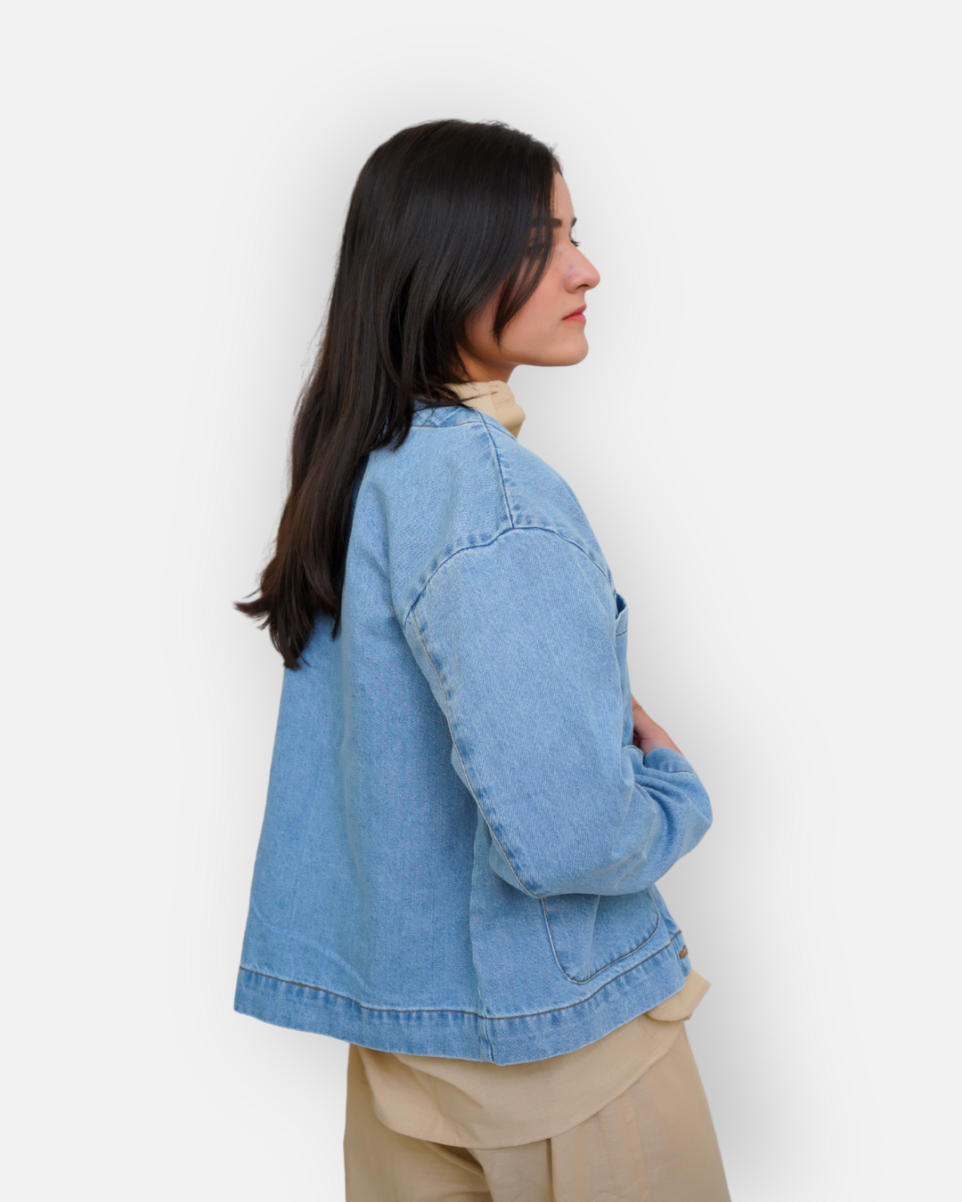Collarless Light Wash Denim Chore Jacket