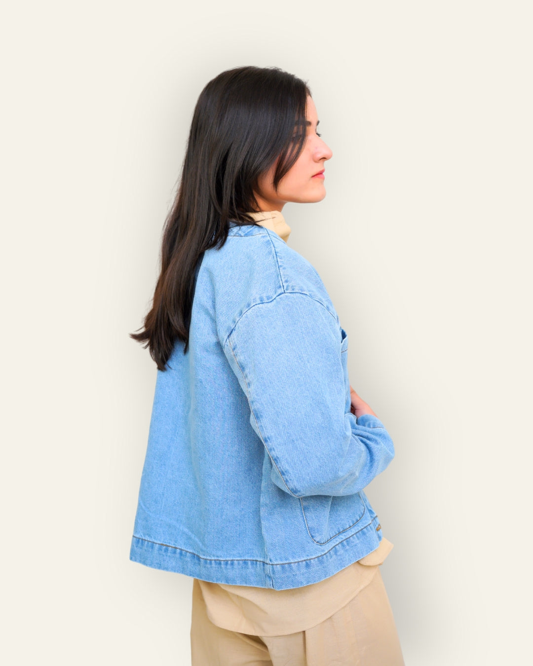 Collarless Light Wash Denim Chore Jacket