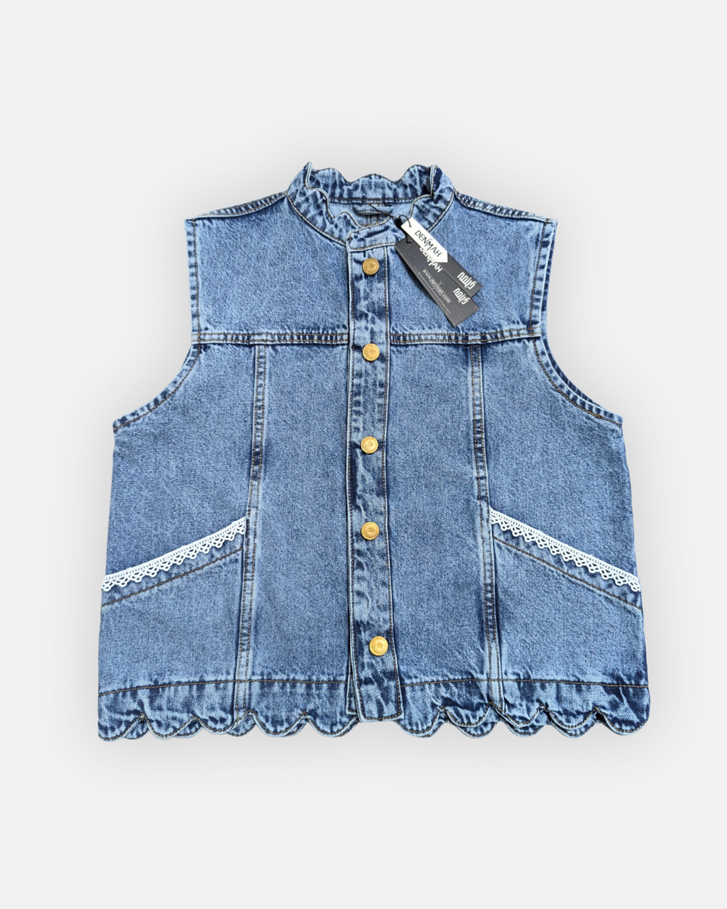 Ruffle Trim Denim Sleeveless Jacket Mid Acid Blue