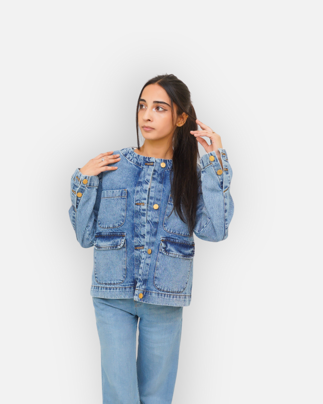 Collarless Mid Wash Denim Chore Jacket