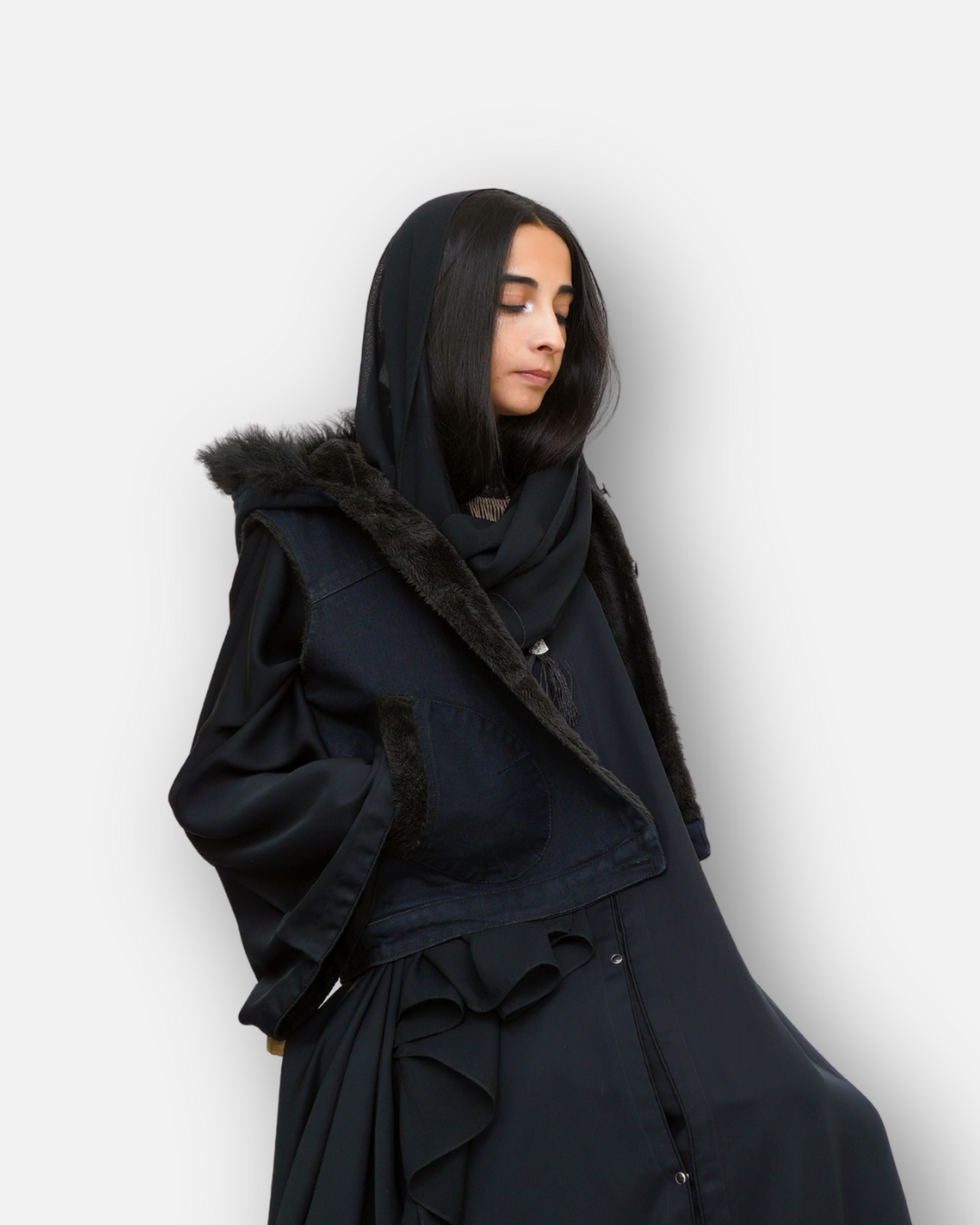 Black Denim Sleeveless Jacket with Contrast Fur Hood