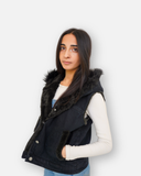 Black Denim Sleeveless Jacket with Contrast Fur Hood