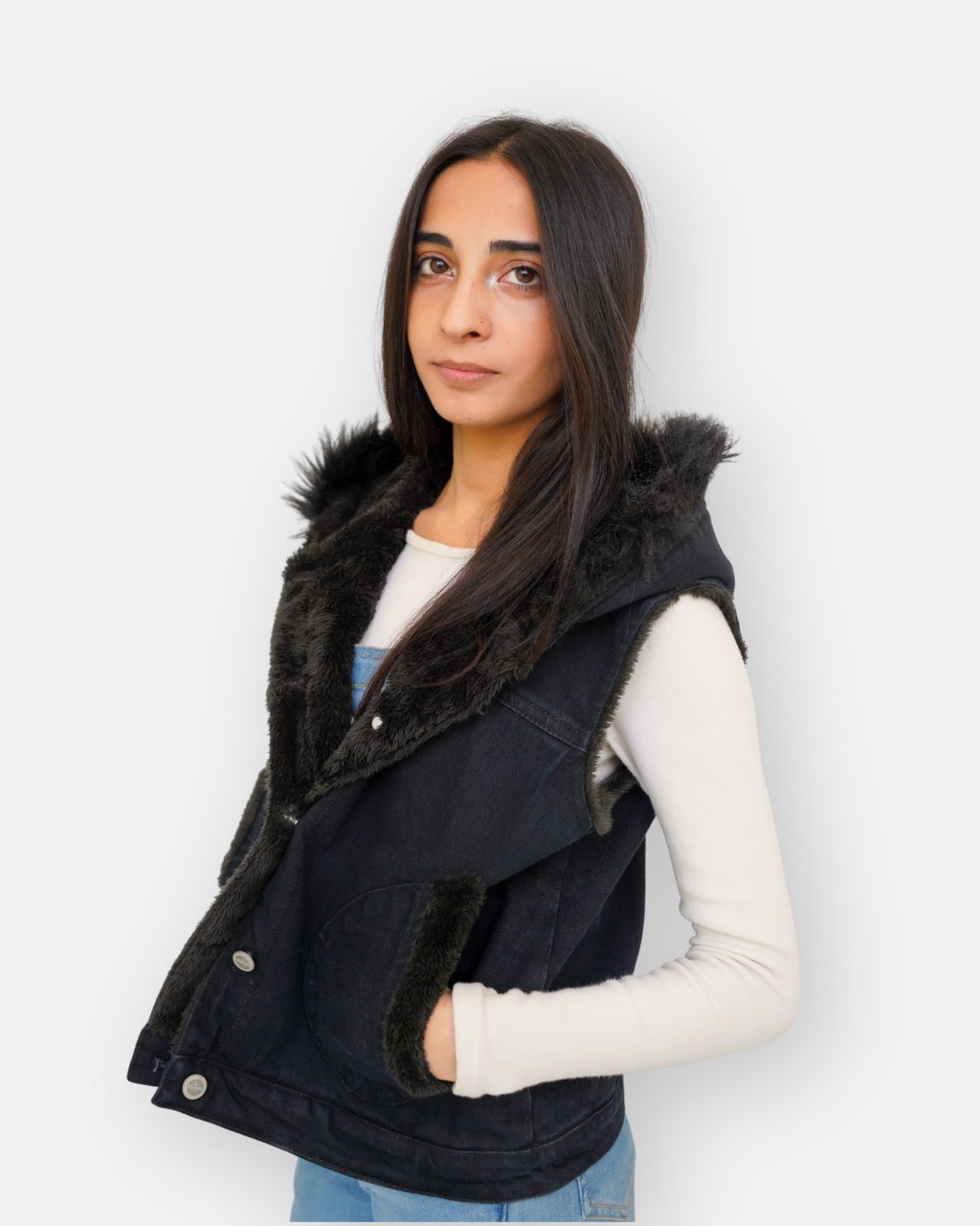 Black Denim Sleeveless Jacket with Contrast Fur Hood