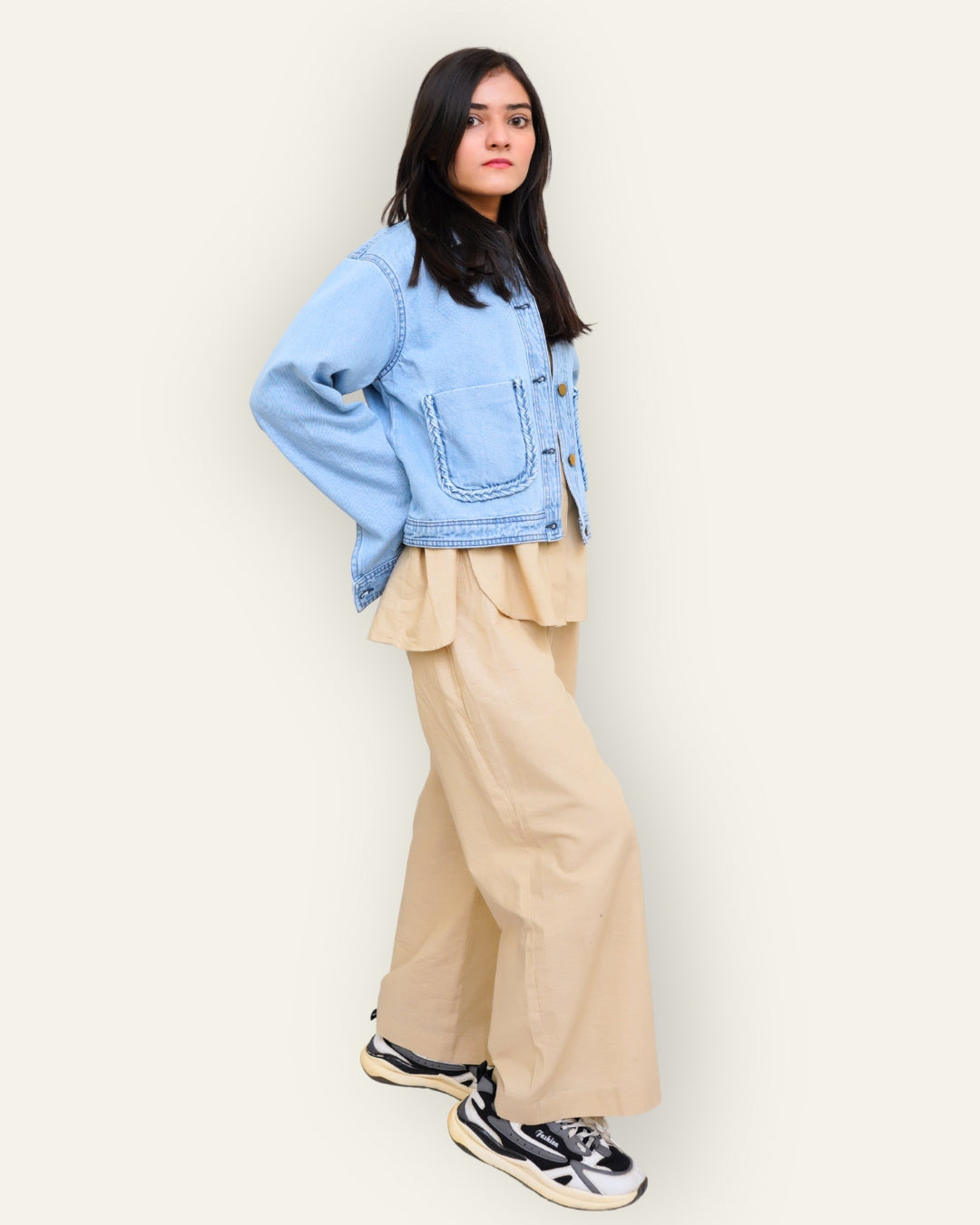 Braided Detail Light Blue Denim Jacket