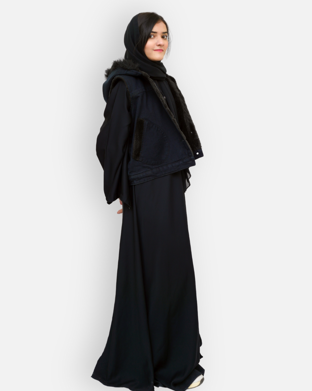 Black Denim Sleeveless Jacket with Contrast Fur Hood