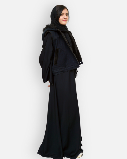 Black Denim Sleeveless Jacket with Contrast Fur Hood