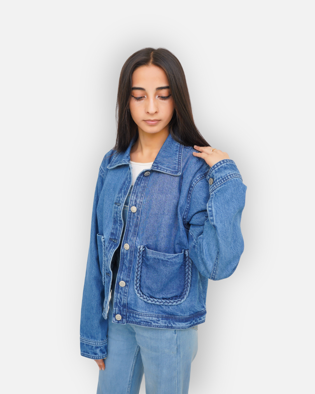 Braided Detail Mid Blue Denim Jacket