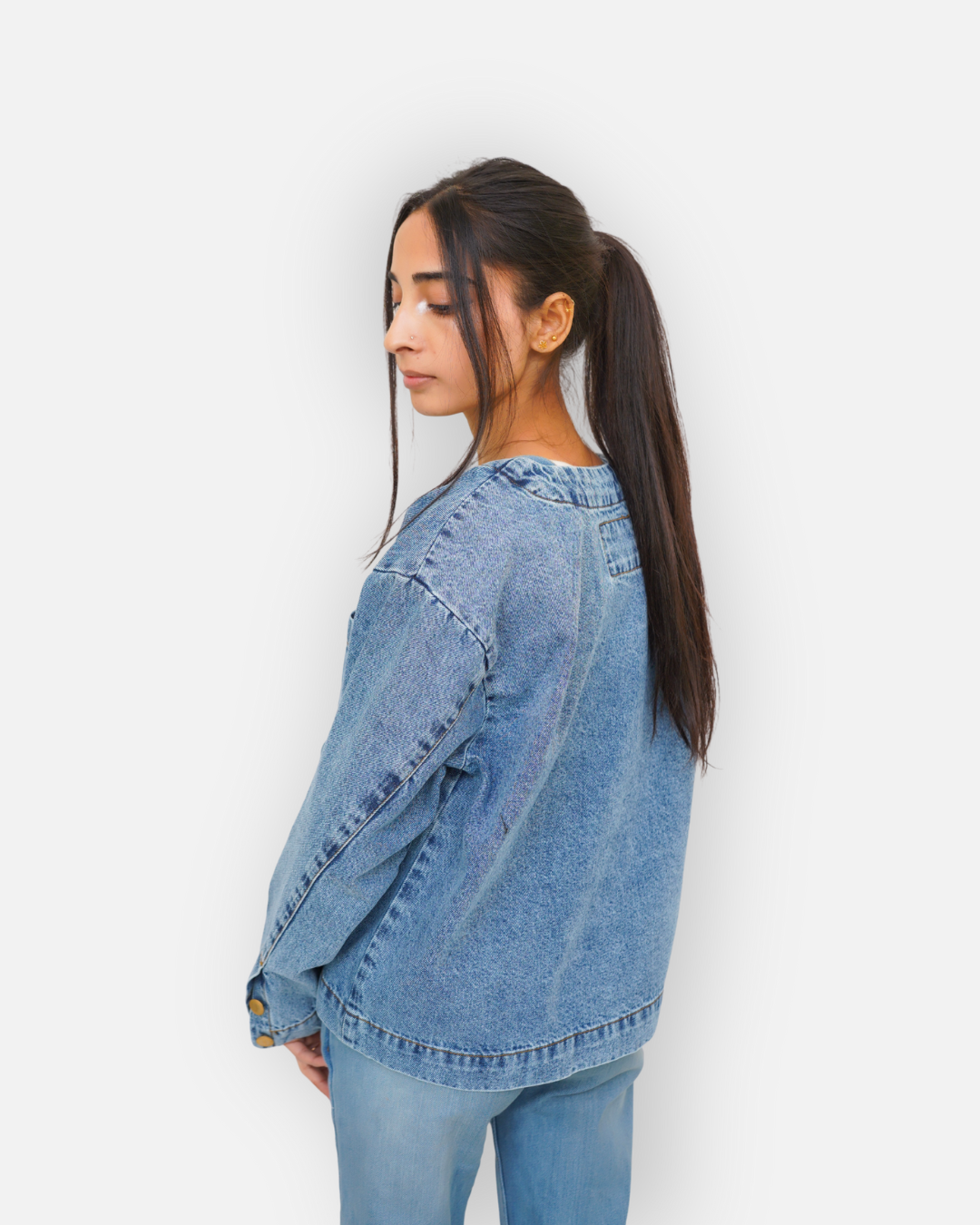 Collarless Mid Wash Denim Chore Jacket