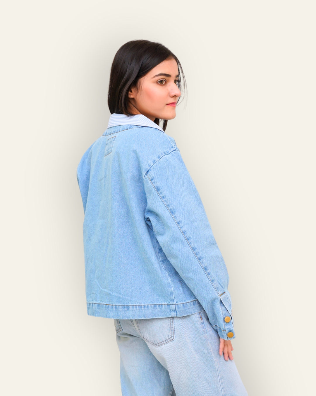 Collarless Light Wash Denim Chore Jacket