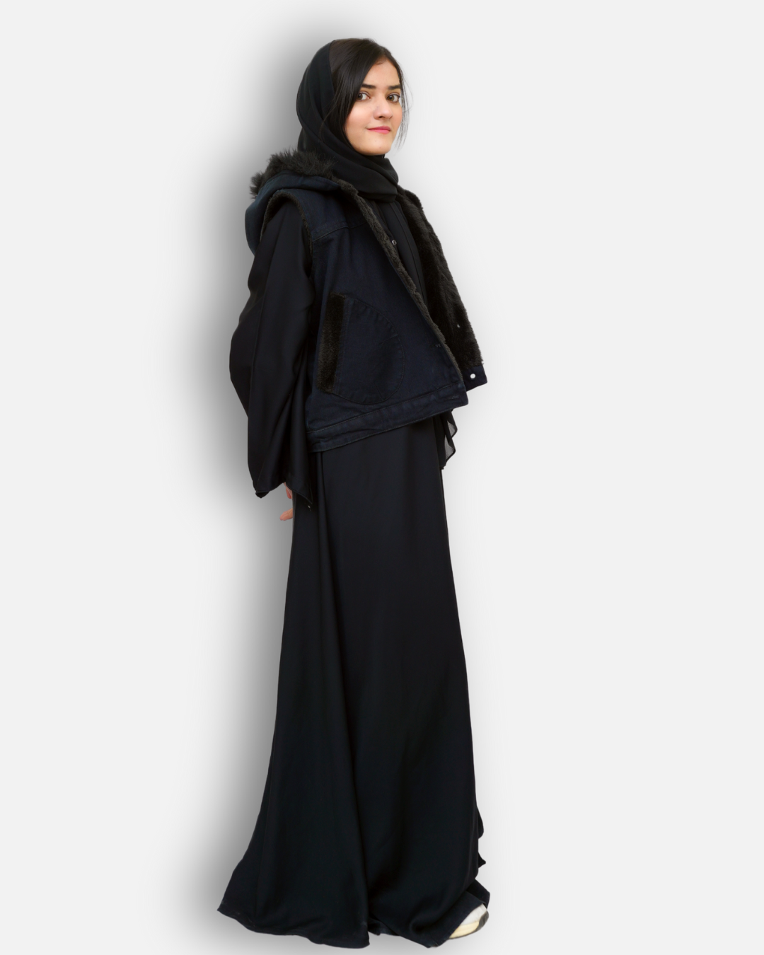 Black Denim Sleeveless Jacket with Contrast Fur Hood