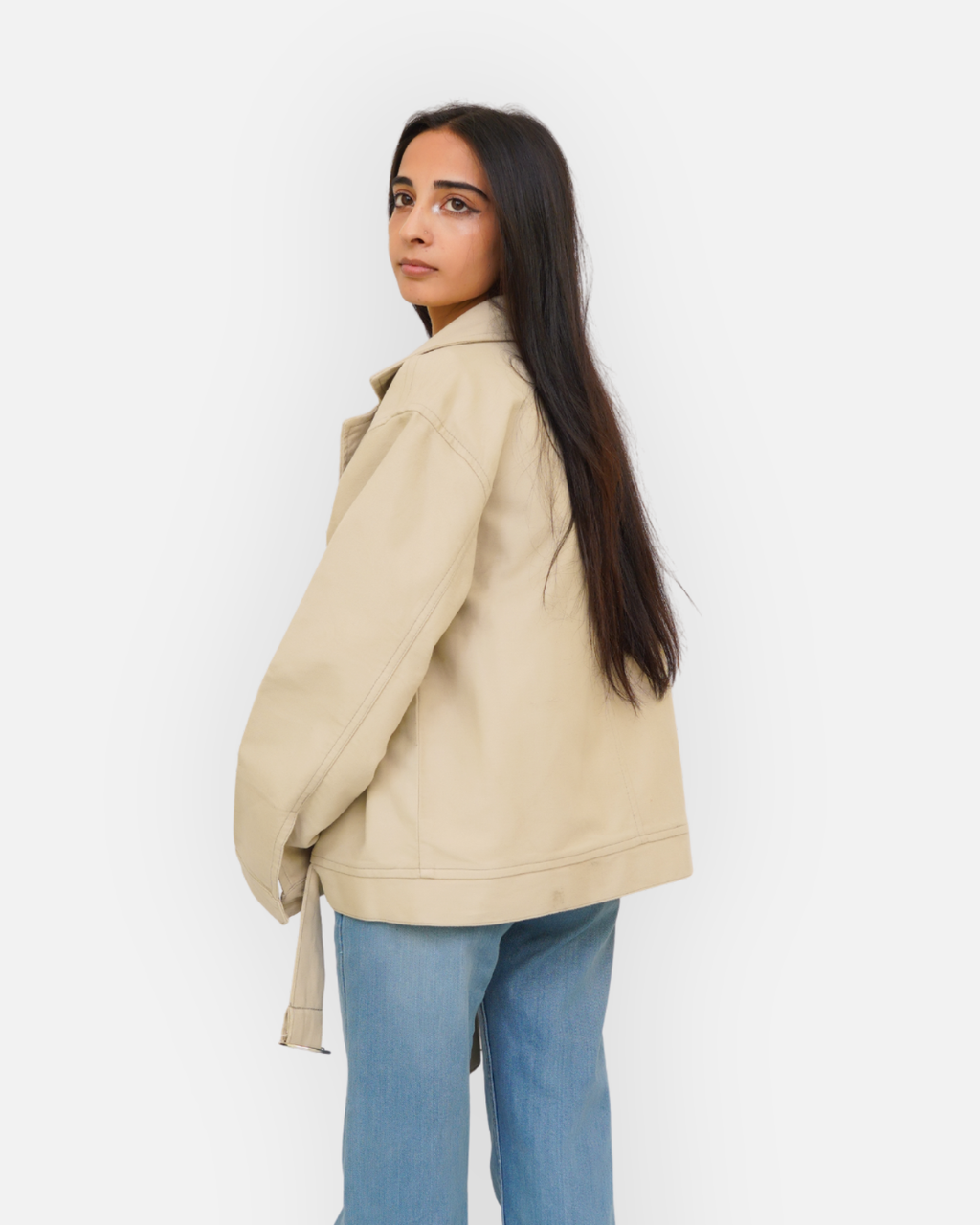 Chic Beige Cotton Double-Breasted Crop Jacket