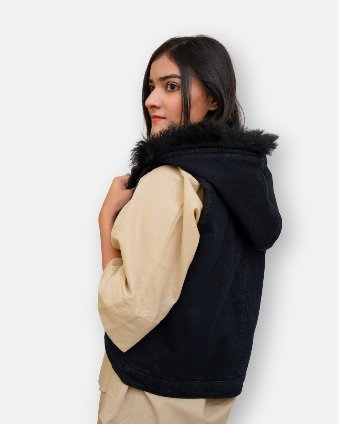 Black Denim Sleeveless Jacket with Contrast Fur Hood