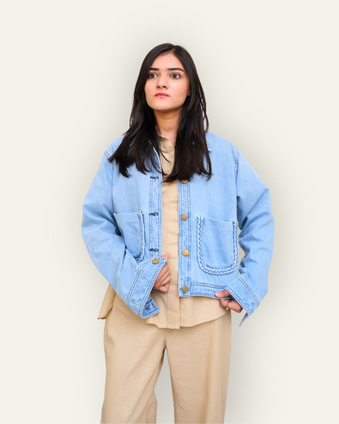 Braided Detail Light Blue Denim Jacket