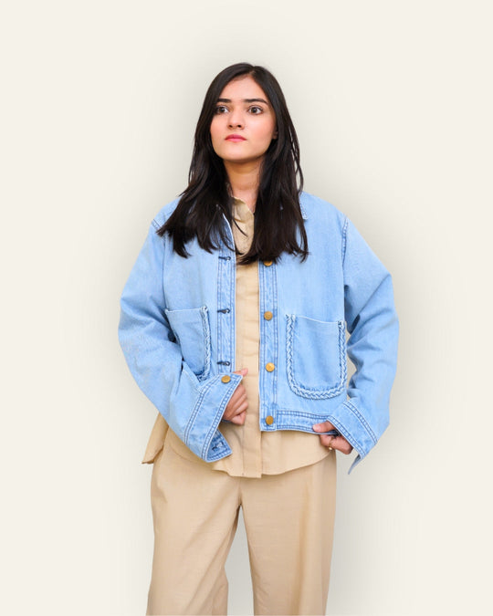 Braided Detail Light Blue Denim Jacket