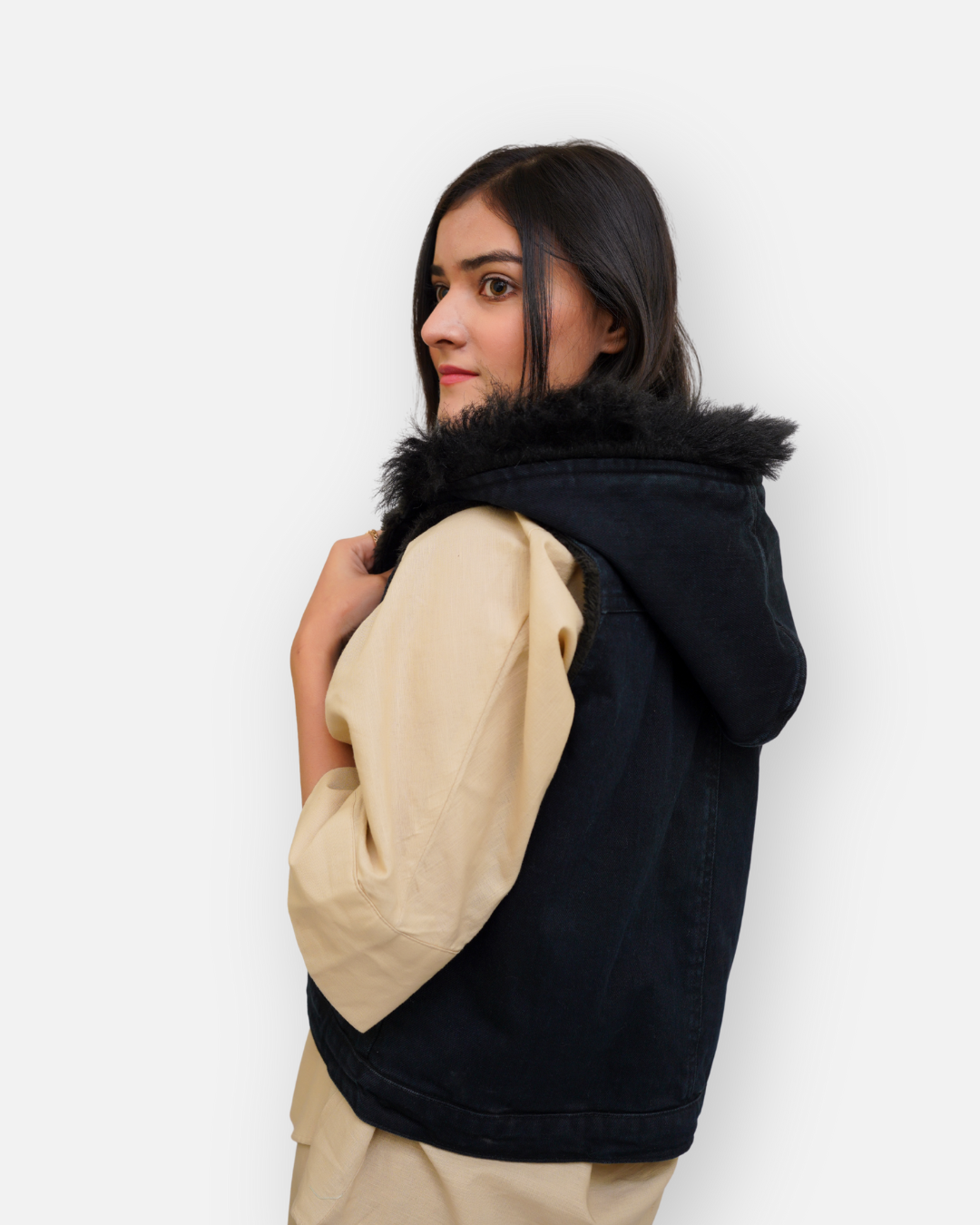 Black Denim Sleeveless Jacket with Contrast Fur Hood