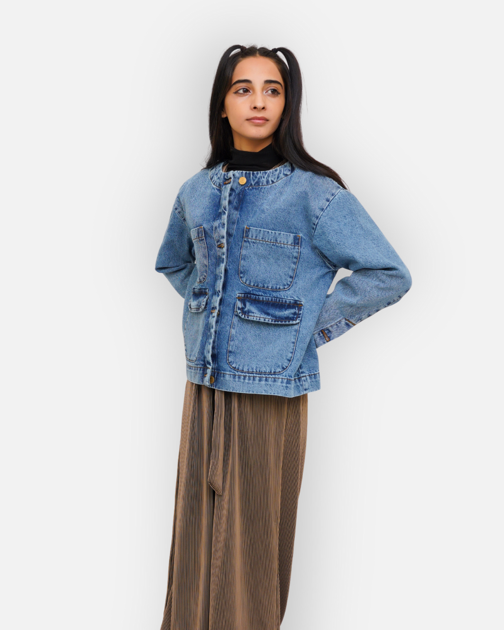 Women's Round Neck Mid Acid Blue Denim Jacket